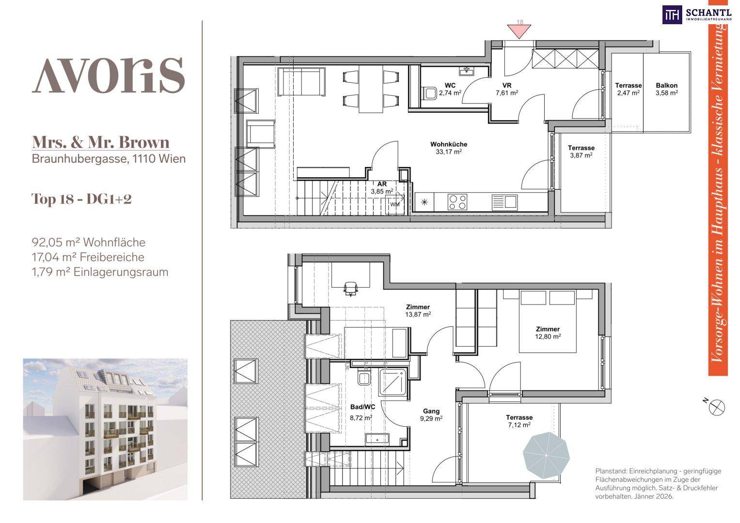 Grundriss der Maisonette-Wohnung über zwei Dachgeschosse mit Terrassen und Balkon.