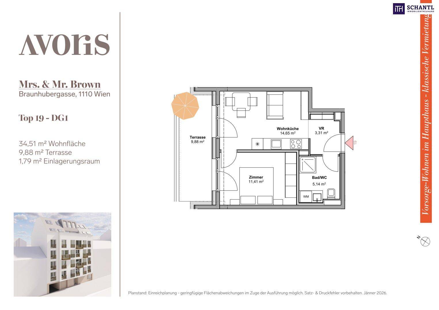 Grundriss der Dachgeschosswohnung mit Wohnküche, Schlafzimmer, Bad und großer Terrasse.