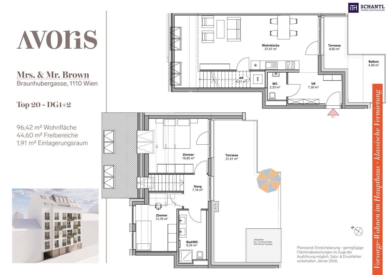 Grundriss der Maisonette-Wohnung über zwei Dachgeschosse mit Terrassen und Balkon.