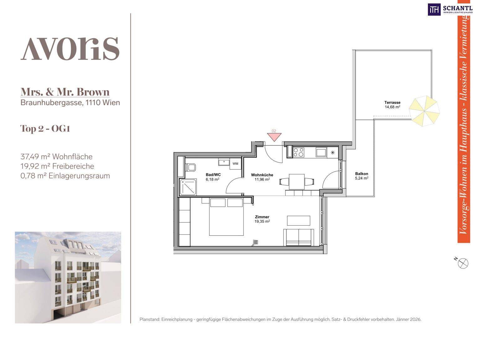 Grundriss einer 37,49 m² großen Wohnung mit Wohnküche, Schlafzimmer, Bad, Balkon und Terrasse.