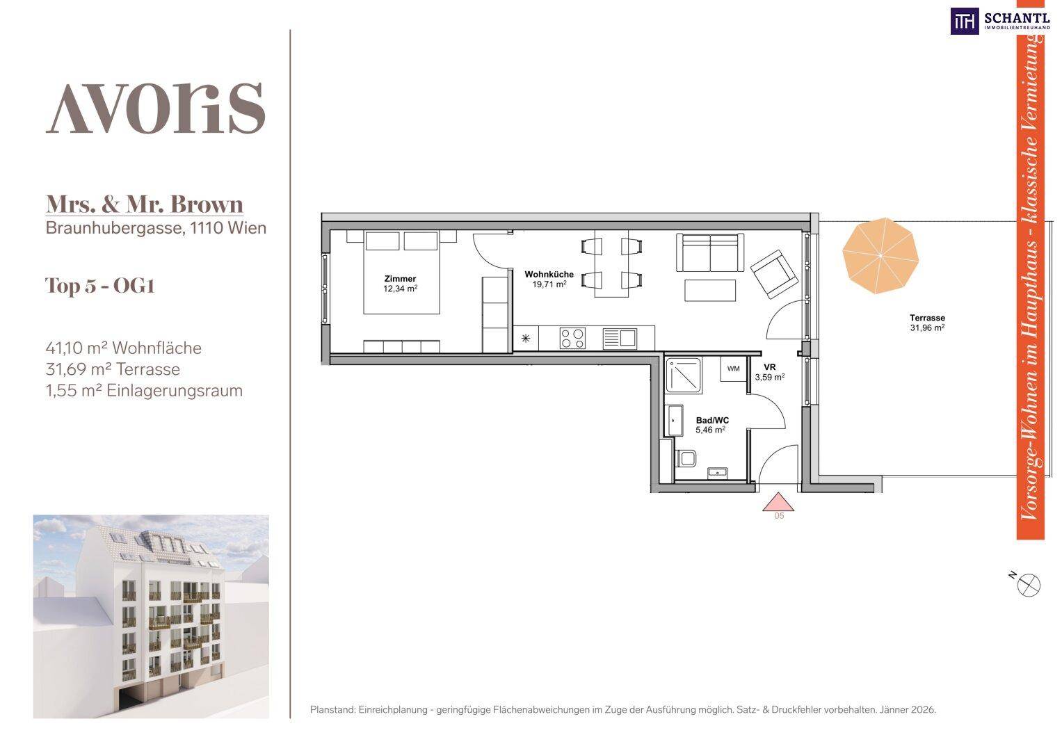 Grundriss einer modernen Wohnung mit offenem Wohnbereich, Schlafzimmer, Bad und großer Terrasse.