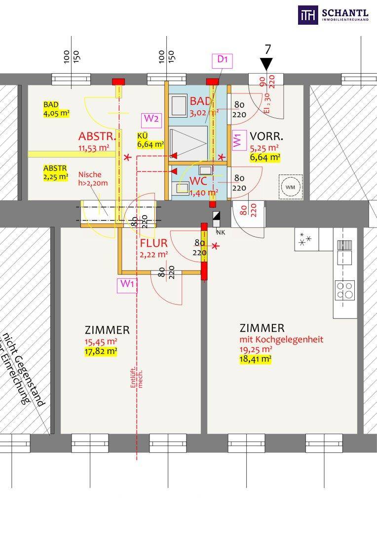 Detaillierter Grundriss mit Flächenangaben für Zimmer, Bad, WC und Abstellräume.