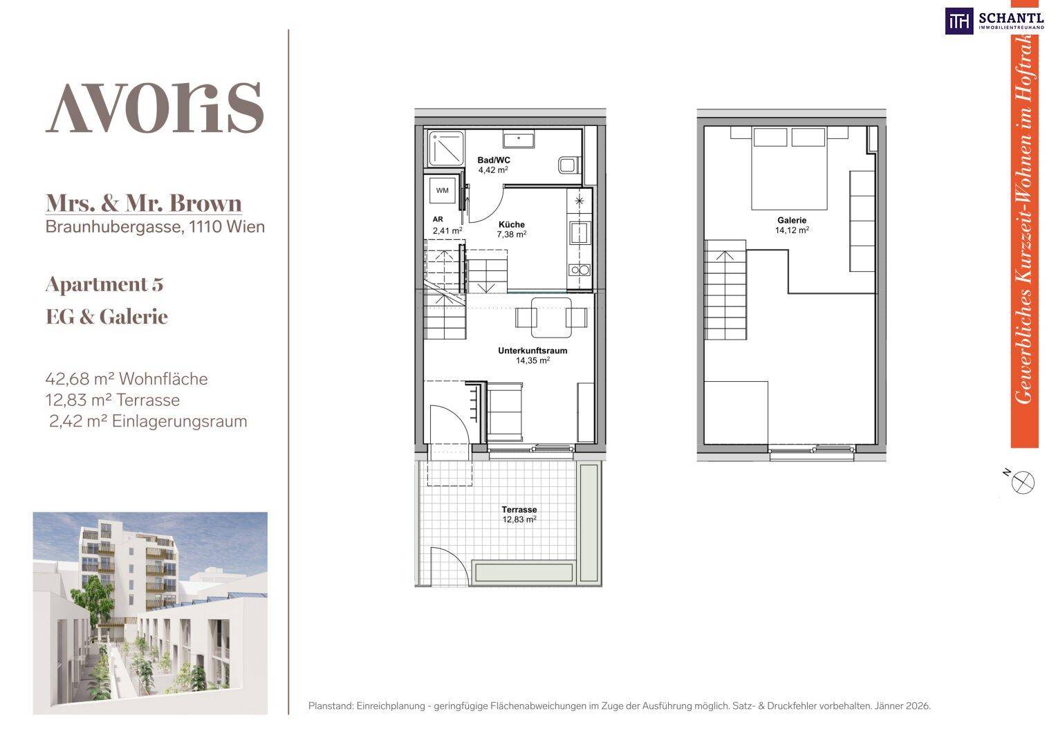 Grundriss der Wohnung 5 im Erdgeschoss mit Galerie, offener Küche, Bad und Terrasse.