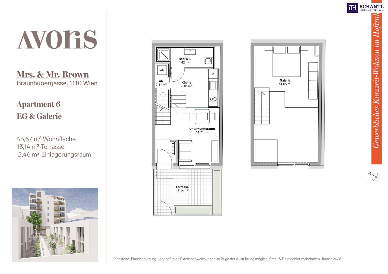 Grundriss der Wohnung 6 im Erdgeschoss mit Galerie, offener Küche, Bad und Terrasse.