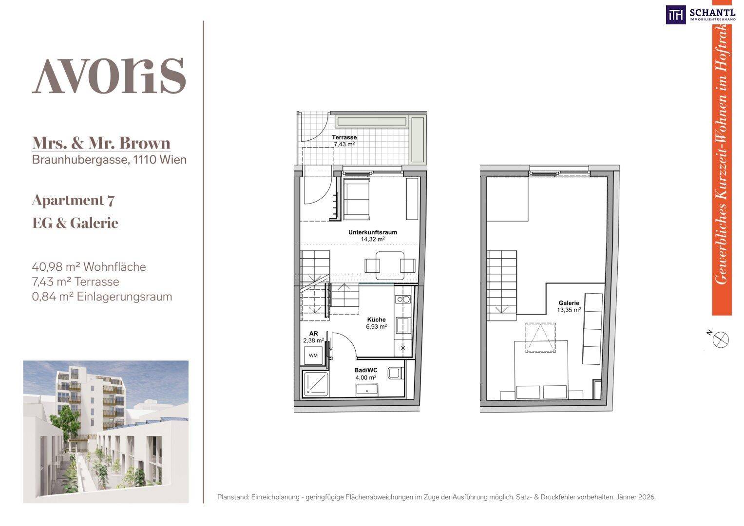 Grundriss der Wohnung 7 im Erdgeschoss mit Galerie, offener Küche, Bad und kleiner Terrasse.
