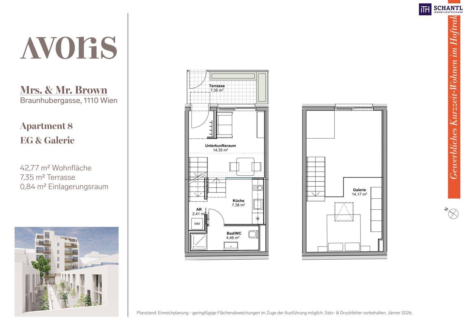 Grundriss der Wohnung 8 im Erdgeschoss mit Galerie, offener Küche, Bad und kleiner Terrasse.