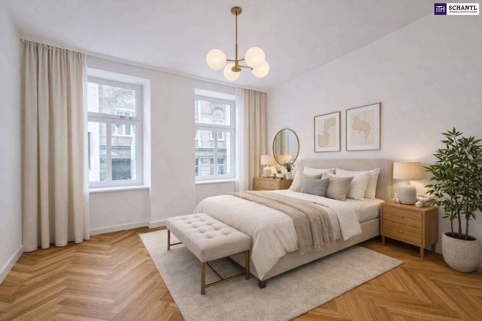 Gemütliches Schlafzimmer mit hellem Fischgrätparkett, großen Fenstern und moderner Einrichtung.