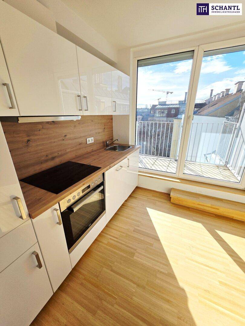 Moderne Küchenzeile mit Induktionskochfeld, Backofen und direktem Zugang zum Balkon.