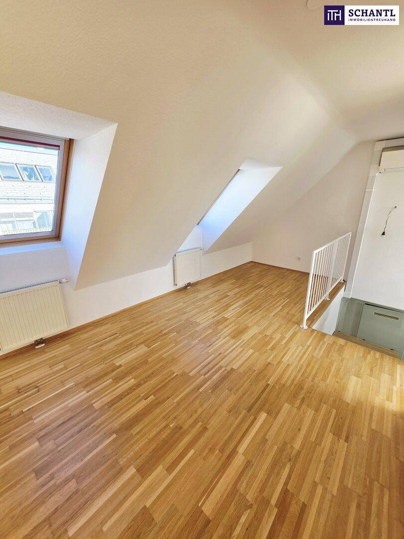 Geräumige Dachgeschosswohnung mit Parkettboden, Dachfenstern und offener Gestaltung.