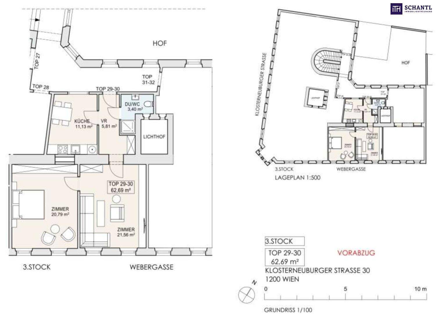 Detaillierter Grundriss für eine Wohnung mit Küche, Wohnzimmer und zwei weiteren Zimmern.