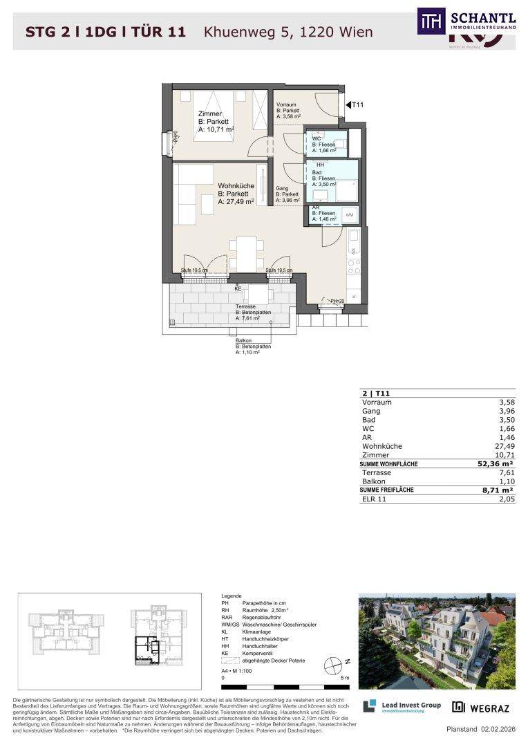 Detaillierter Grundriss einer Wohnung mit Zimmern, Wohnküche, WC und Terrasse.