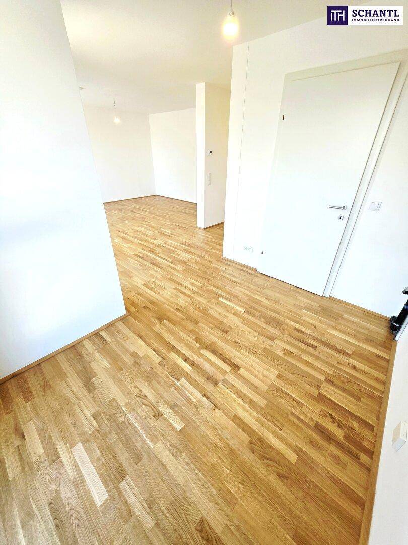 Geräumiger, heller Wohnbereich mit hochwertigem Parkettboden und weiß gestrichenen Wänden.