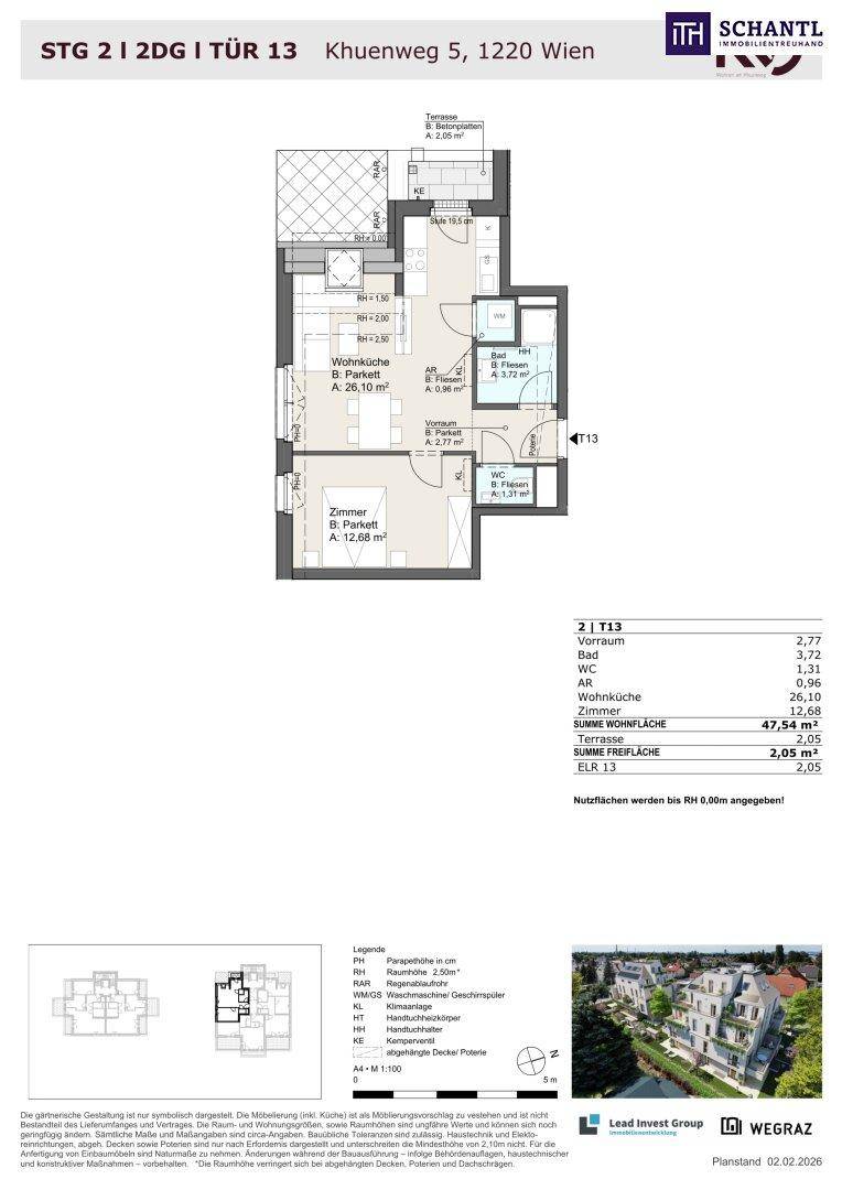 Grundriss der Wohnung STG 2 I 2DG I TÜR 13 mit Zimmern und Freifläche.