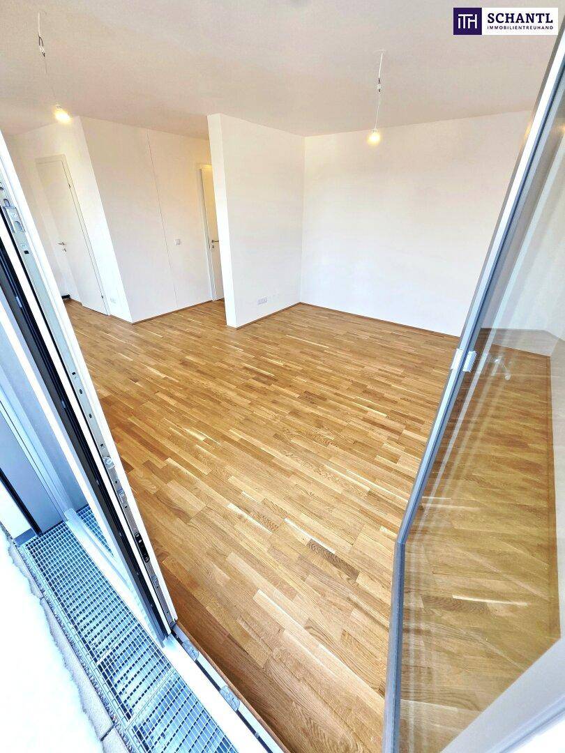Heller Wohnraum mit Parkettboden und Zugang zu einem Balkon, bietet viel Tageslicht.