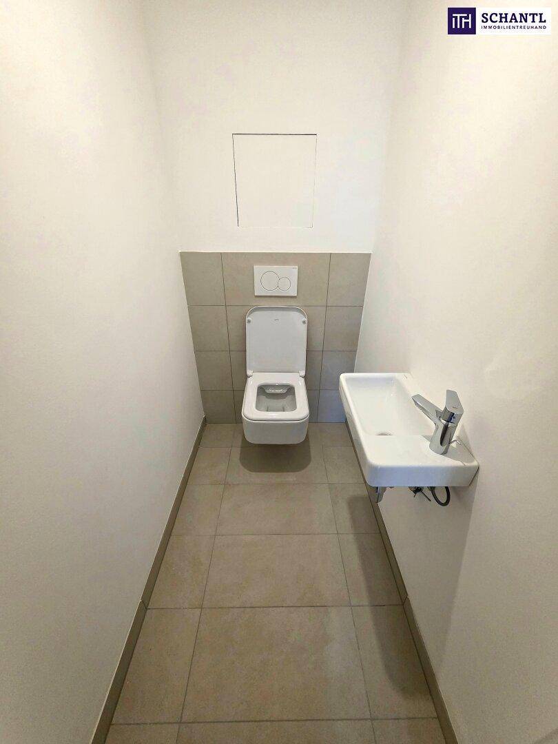 Kleines Gäste-WC mit wandhängender Toilette und Handwaschbecken, modern gefliest.