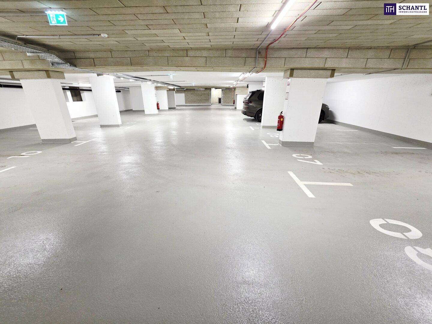 Geräumige Tiefgarage mit markierten Stellplätzen und Betonwänden, gut beleuchtet.