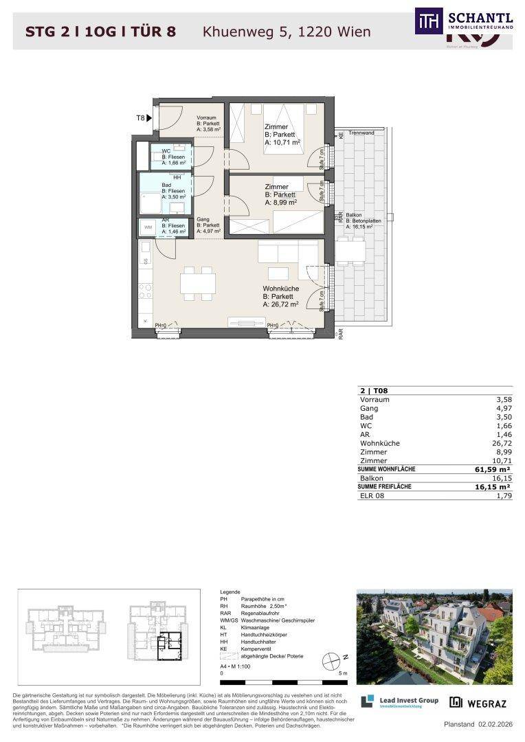 Detaillierter Grundriss einer Wohnung mit drei Zimmern, Balkon und offener Wohnküche.