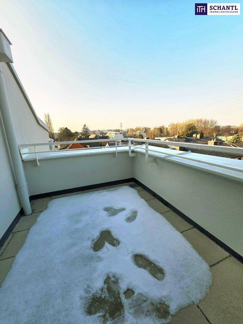 Dachterrasse mit weitem Blick über die Stadt und Spuren im Schnee, sonniger Tag.