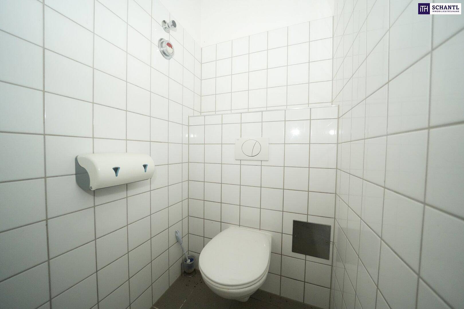 Saubere Toilette in einem gefliesten Raum mit Wand-WC und Toilettenpapierhalter, funktional und gepflegt.