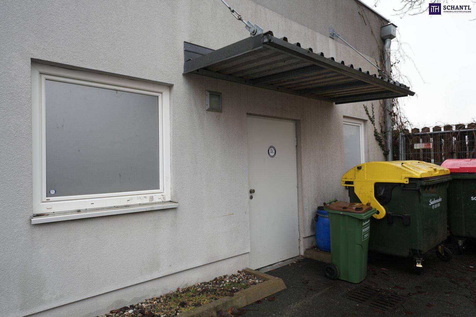 Hintereingang des Gebäudes mit Vordach und Mülltonnen, umgeben von einer schlichten Fassade.