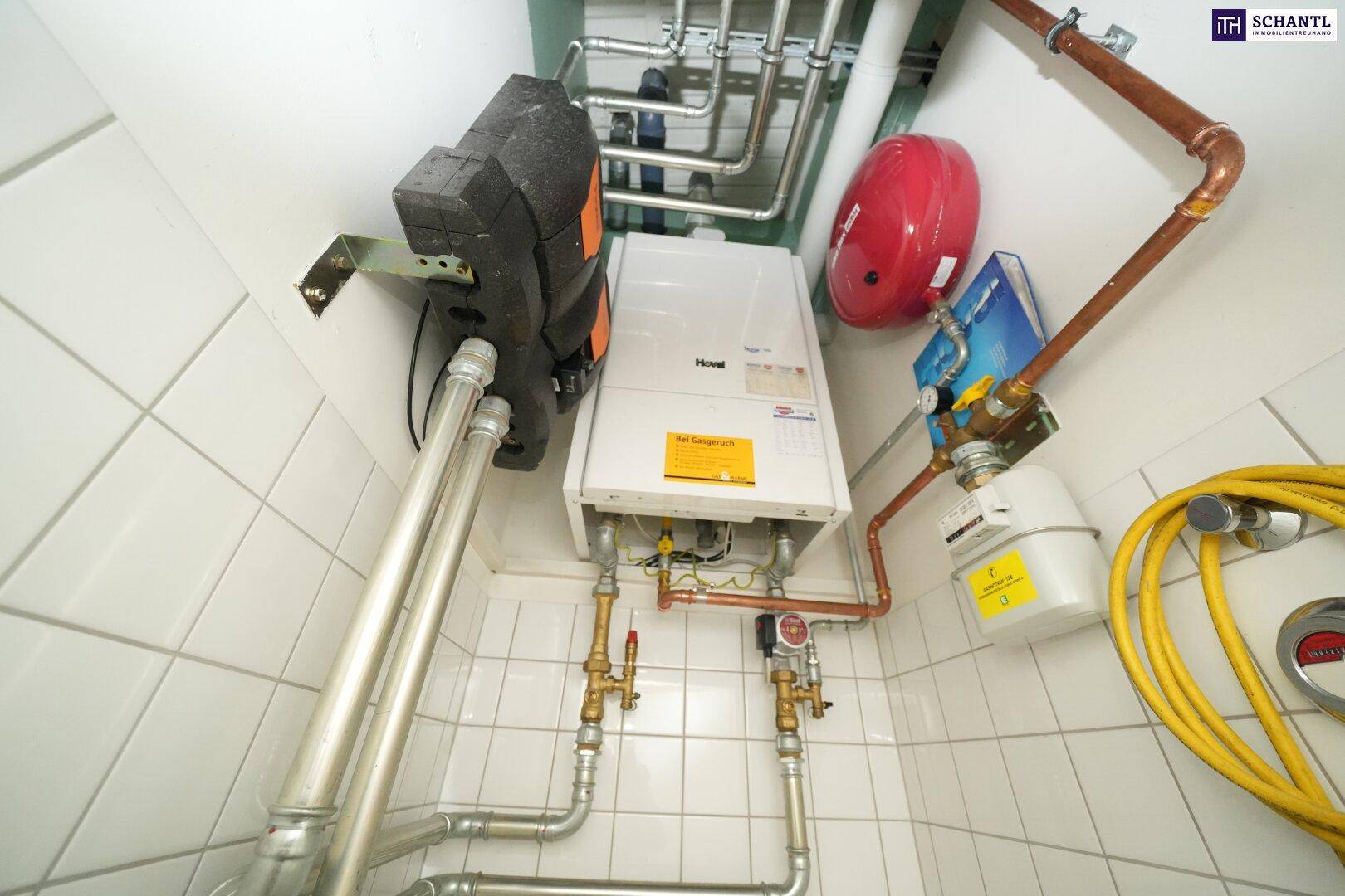 Technikraum mit Heizungsanlage, Warmwasserspeicher und zahlreichen Rohrleitungen an den Wänden.