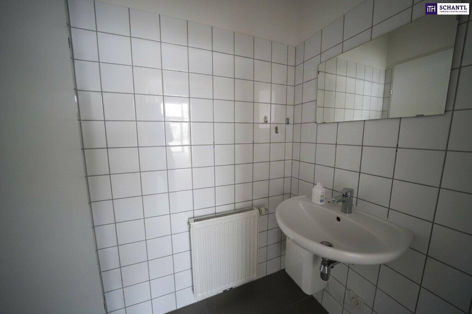 Kleines Badezimmer oder Gäste-WC mit Waschbecken, Spiegel und weißen Fliesen an den Wänden.