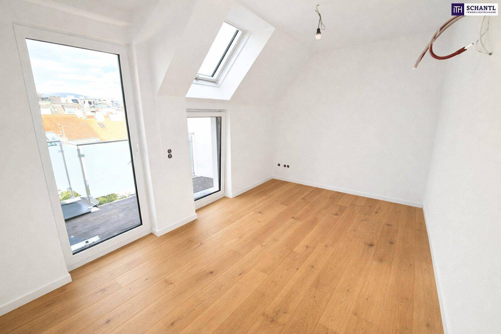 Heller Raum mit Holzboden, Dachfenster und Zugang zu einer Terrasse, bietet viel Tageslicht.