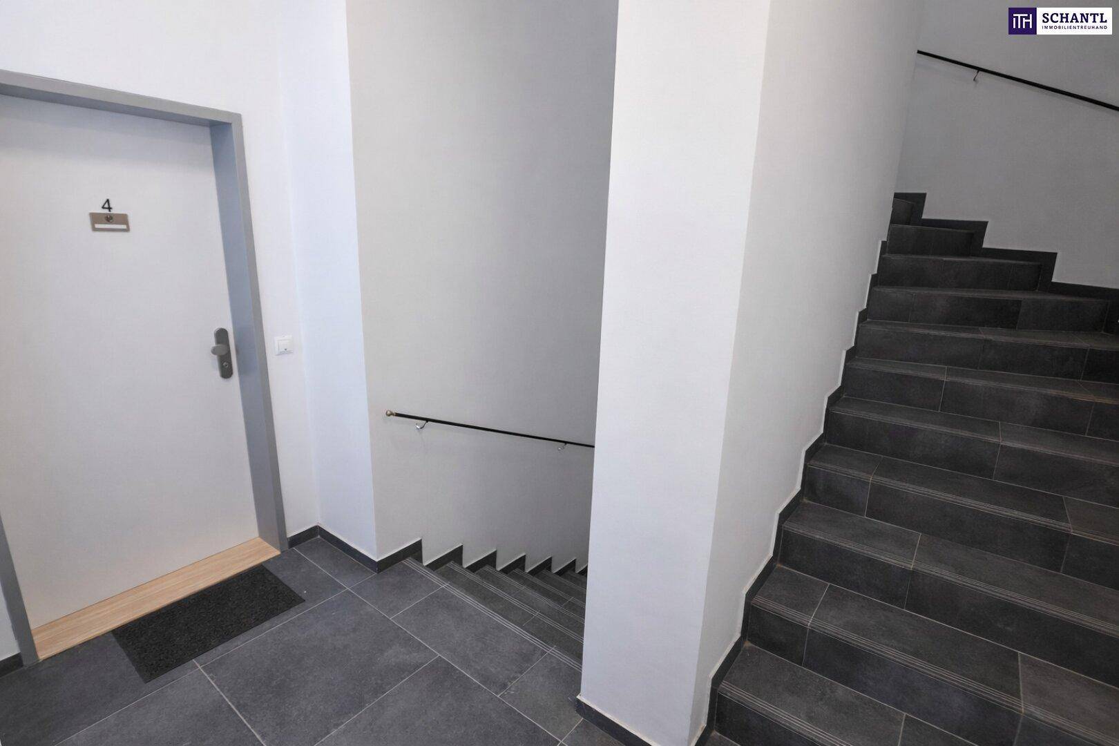 Modernes Treppenhaus mit dunklen Fliesenstufen und schlichtem Handlauf in einem gepflegten Gemeinschaftsbereich.