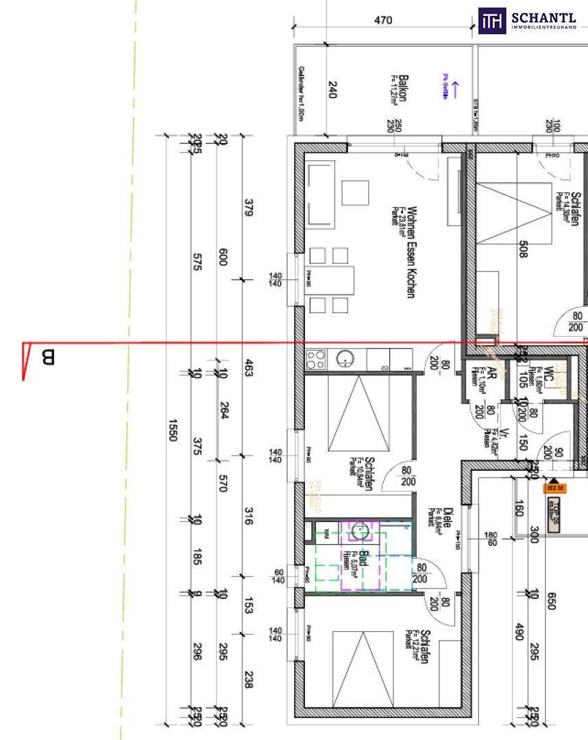 Detaillierter Grundriss einer Wohneinheit mit offenem Wohn-Ess-Kochbereich, Schlafzimmern und Balkon.
