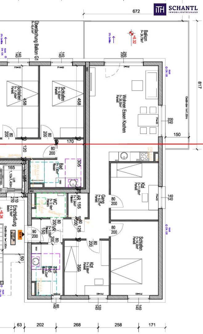Detaillierter Grundriss einer Wohnung mit Wohn-Essbereich, Schlafzimmern und Bädern.