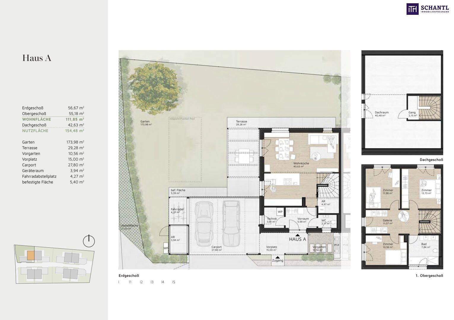 Detaillierter Grundriss von Haus A mit Erdgeschoss, Obergeschoss und unausgebautem Dachraum.