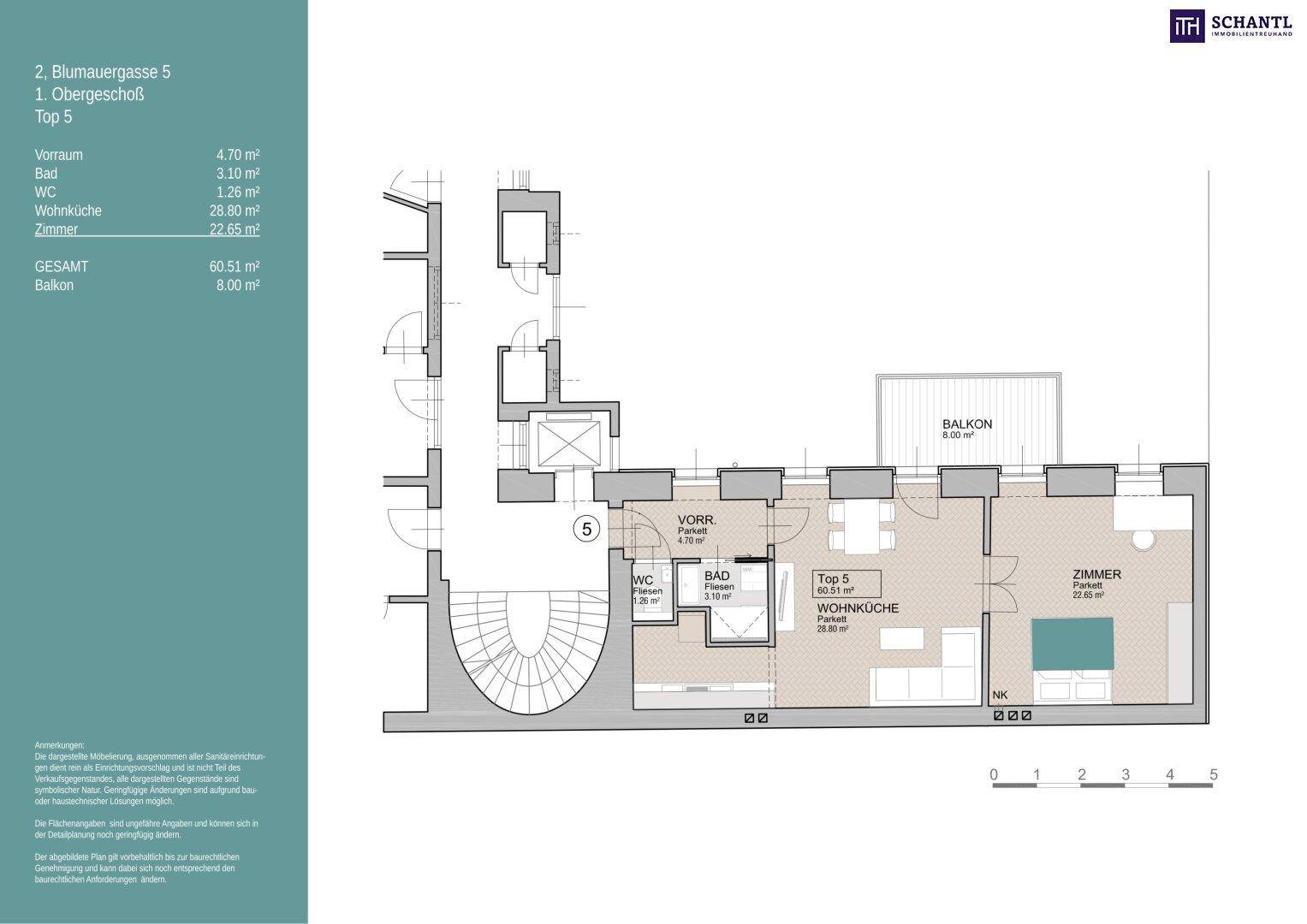 Grundriss der Wohnung Top 5 im ersten Obergeschoss mit Balkon und Wohnküche.
