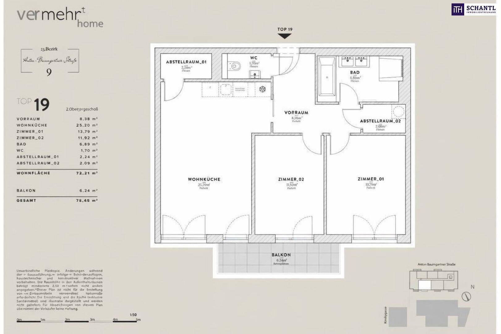 Grundriss für TOP 19 mit Wohnküche, zwei Zimmern, Bad, WC und Balkon.