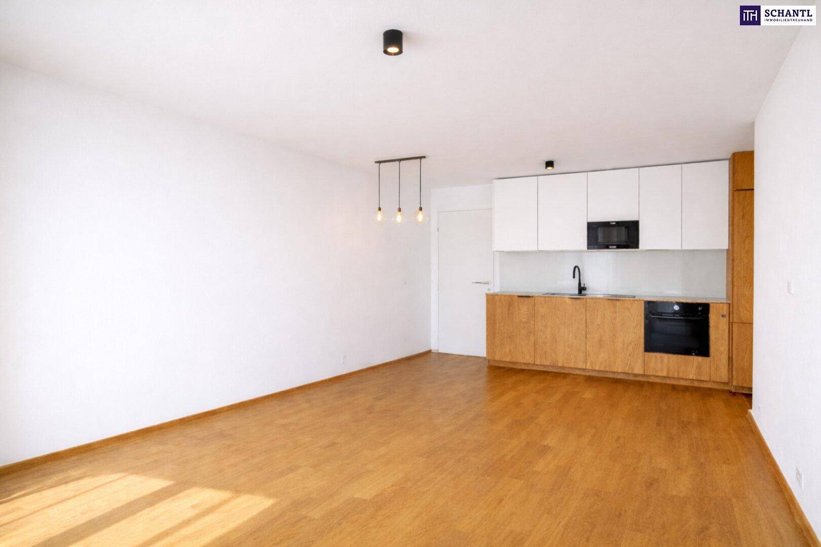 Geräumiger Wohnbereich mit integrierter moderner Küche und Holzboden, bereit zur Einrichtung.