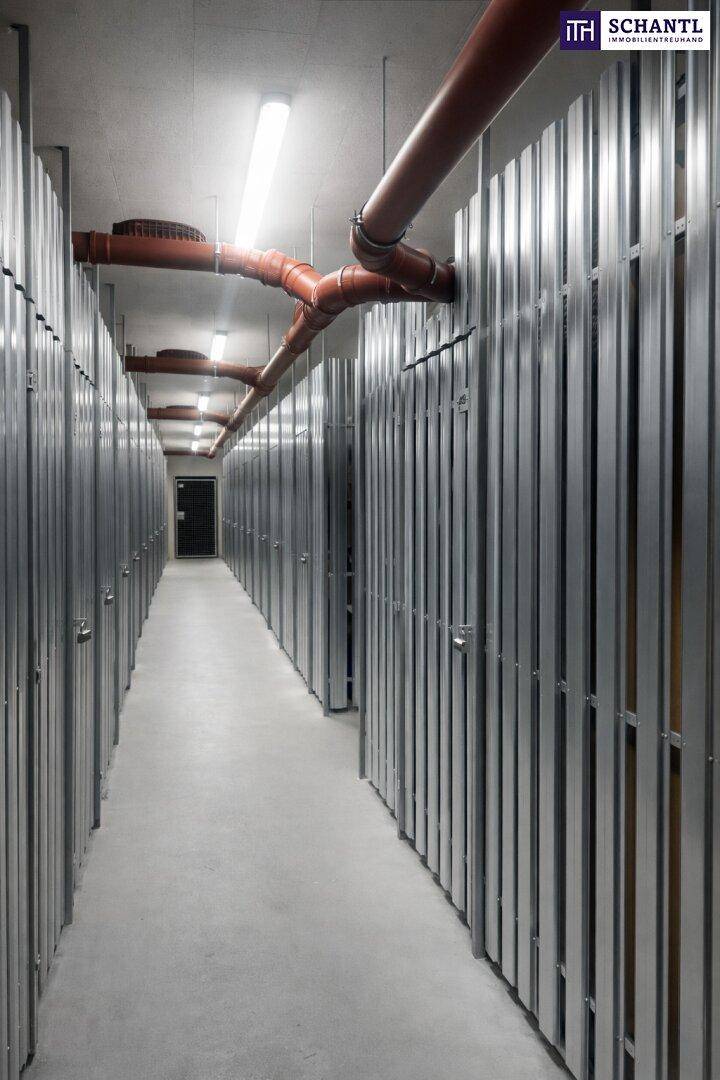 Langer Kellergang mit individuellen Abstellräumen aus Metall und sichtbaren Leitungen.