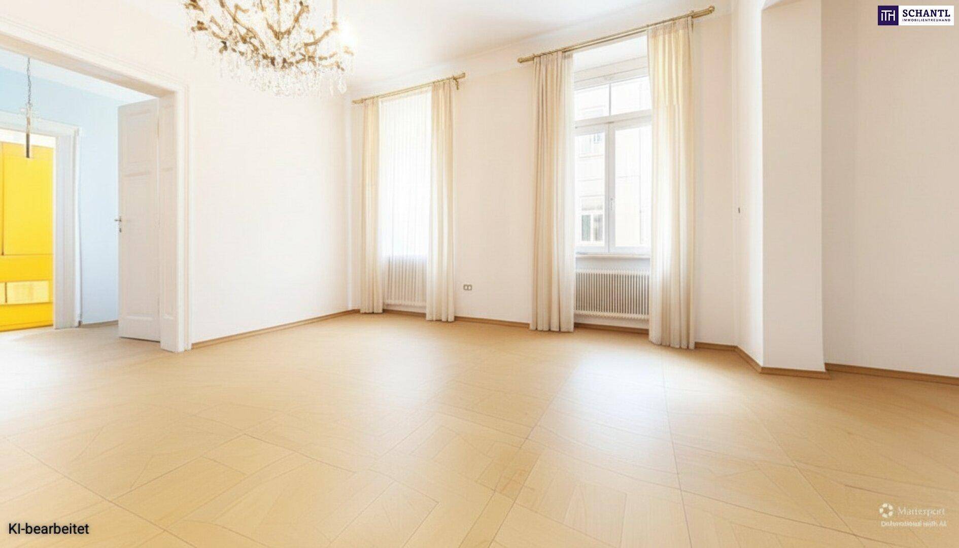 Helles Wohnzimmer mit Parkettboden, hohen Fenstern und Blick auf einen gelben Raum.