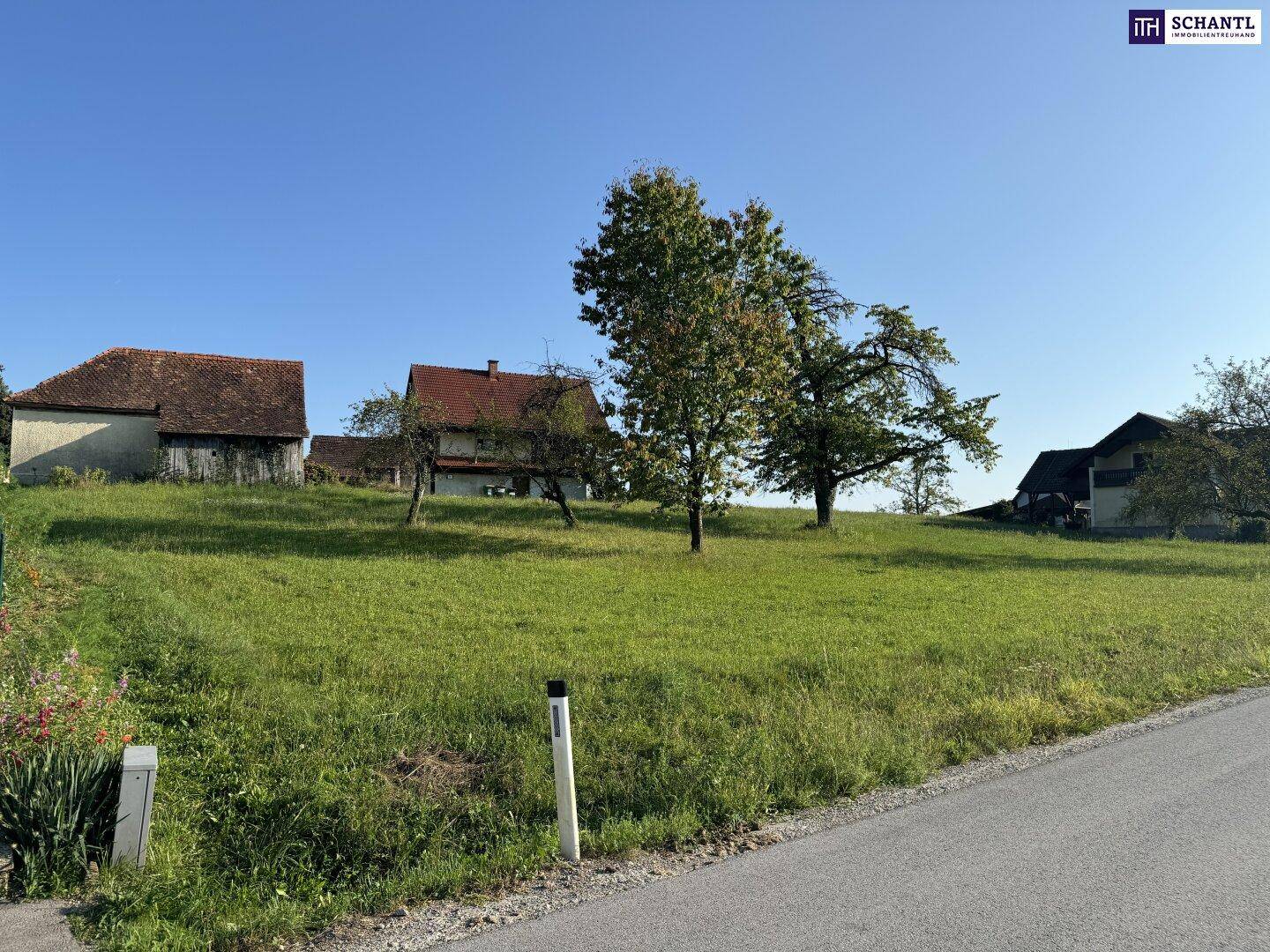 Ländliche Szenerie mit grünen Wiesen, Bäumen und traditionellen Häusern unter blauem Himmel.