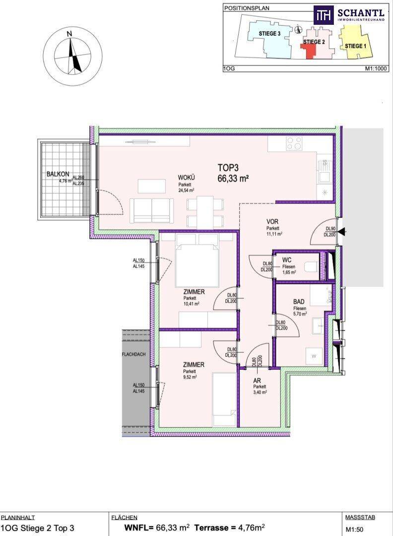 Grundriss der Wohnung TOP3 mit 66,33 m² Wohnfläche und Balkon.