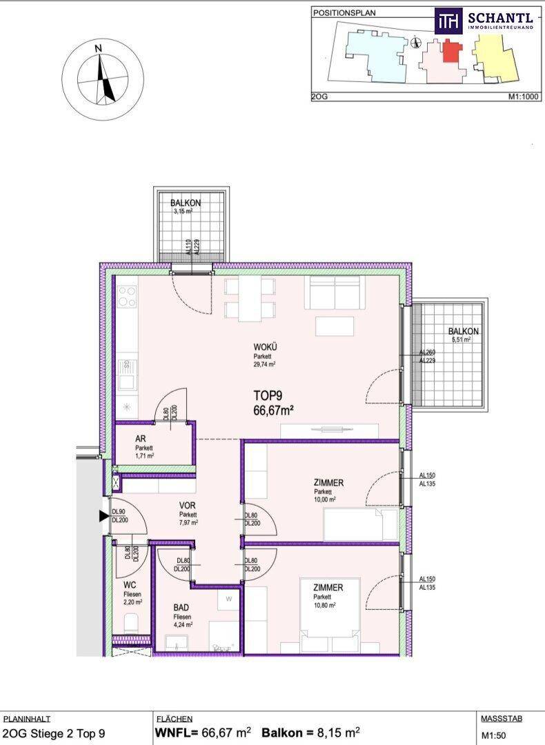 Grundriss der Wohnung TOP9 im 2. Obergeschoss mit 66,67 m² Wohnfläche und zwei Balkonen.