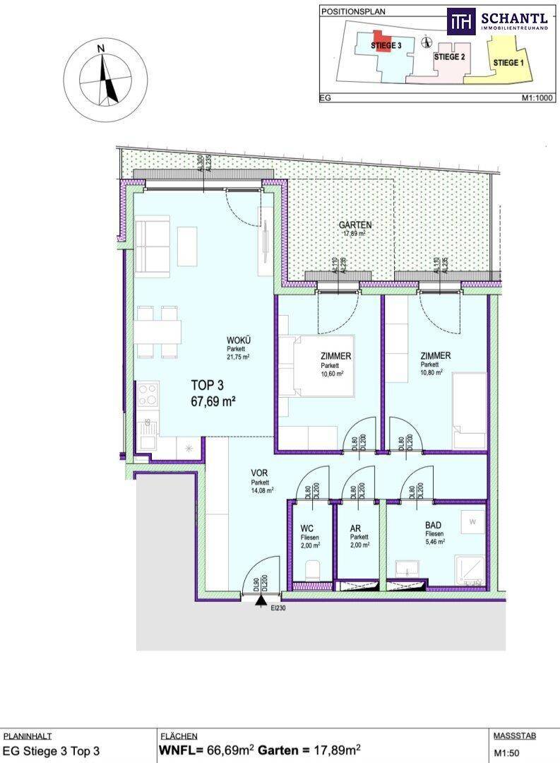Grundriss einer Wohnung im Erdgeschoss mit Garten, zwei Zimmern und offenem Wohnküchenbereich.