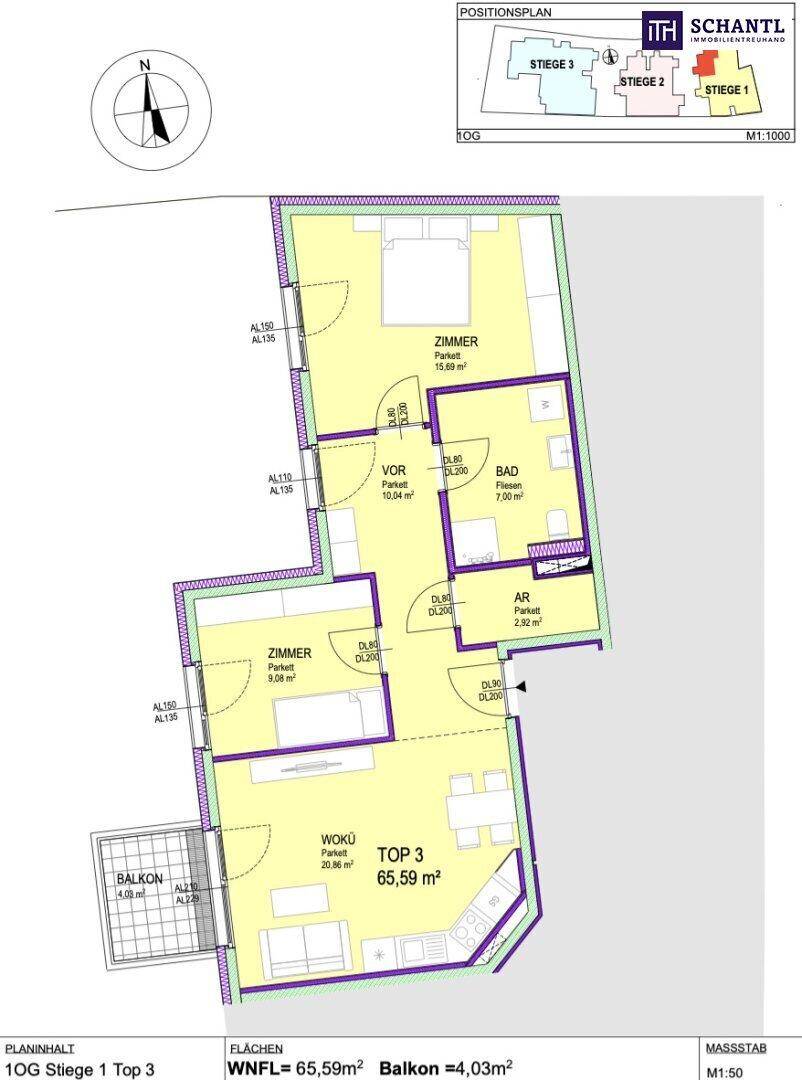 Grundriss einer Wohnung im ersten Obergeschoss mit Balkon, Schlafzimmern und offenem Wohnbereich.