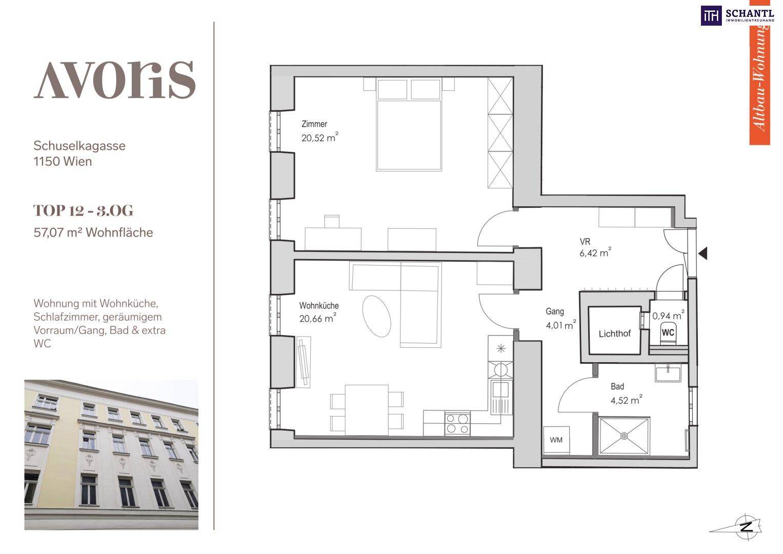 Grundriss einer 57,07 m² Wohnung mit Wohnküche, Schlafzimmer und separatem WC.