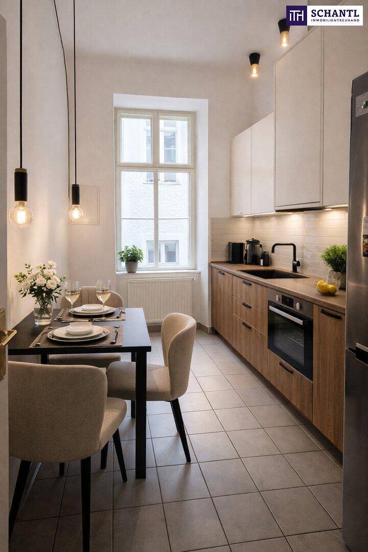 Moderne Einbauküche mit Holzakzenten, Fliesenboden und Essbereich am Fenster für gemütliche Mahlzeiten.