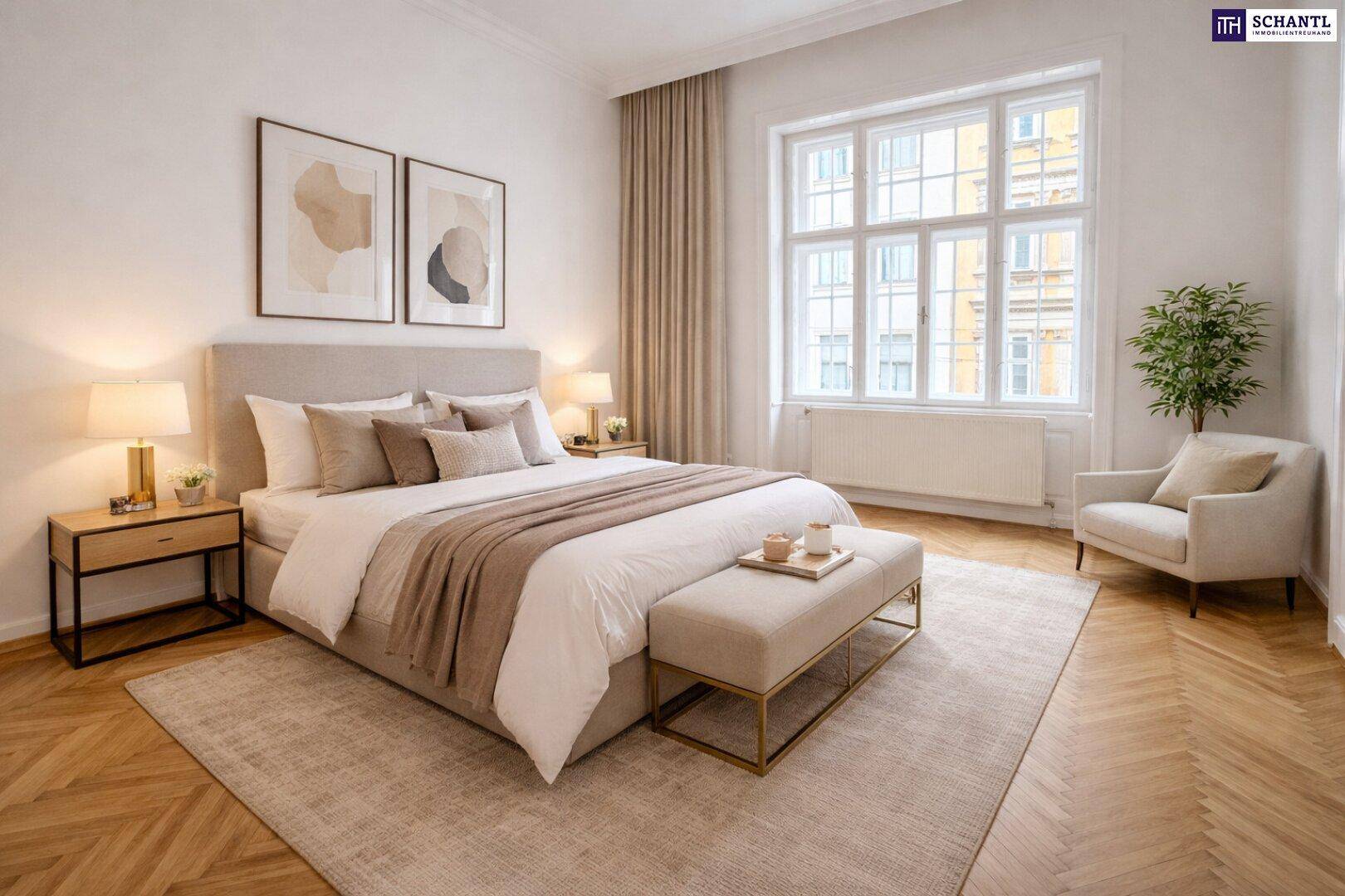 Gemütliches Schlafzimmer mit großem Bett, Nachttischen und Fischgrätparkettboden.