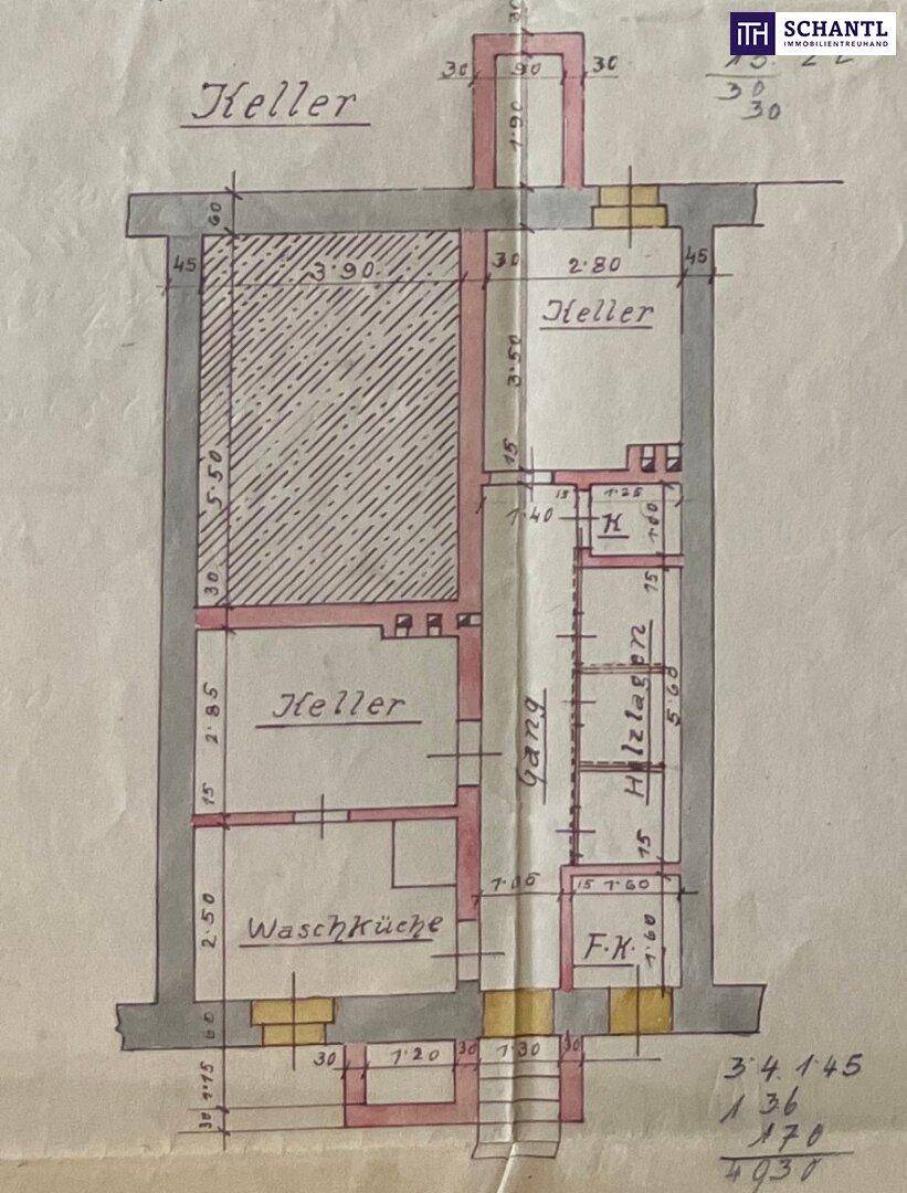 Handgezeichneter Grundriss des Kellers mit Waschküche und Lagerräumen.