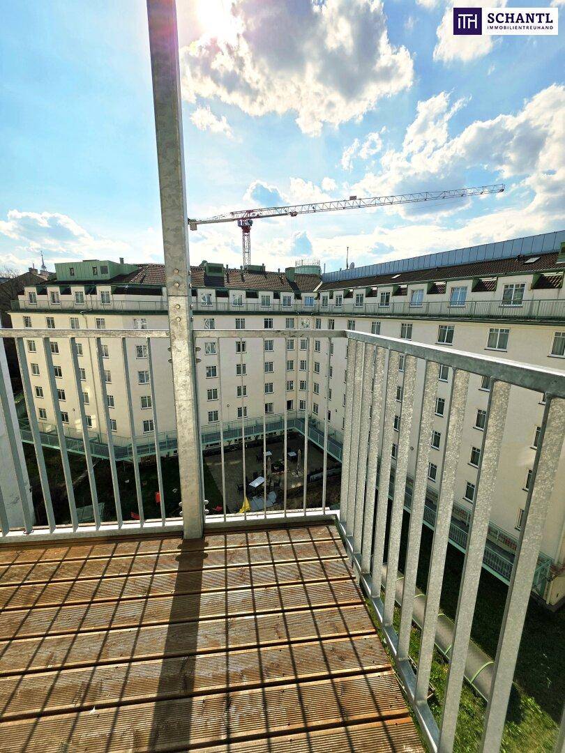 Sonniger Balkon mit Holzdielen und Blick auf den Innenhof mit Grünflächen.