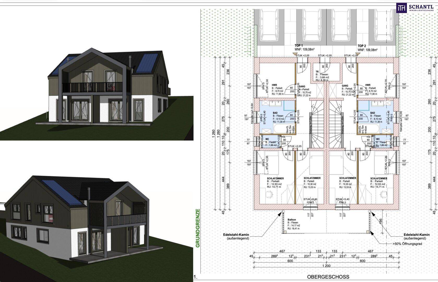 Grundriss des Obergeschosses mit zwei 3D-Renderings des Hauses von verschiedenen Seiten.