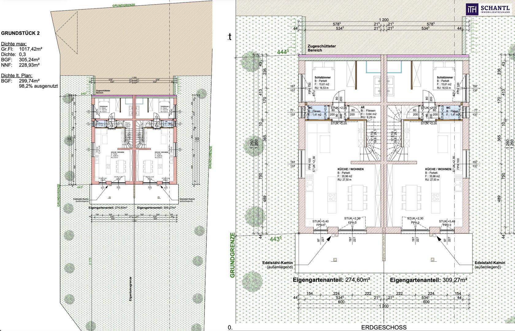 Grundriss des Erdgeschosses mit Grundstücksdetails und Aufteilung in zwei Wohneinheiten.