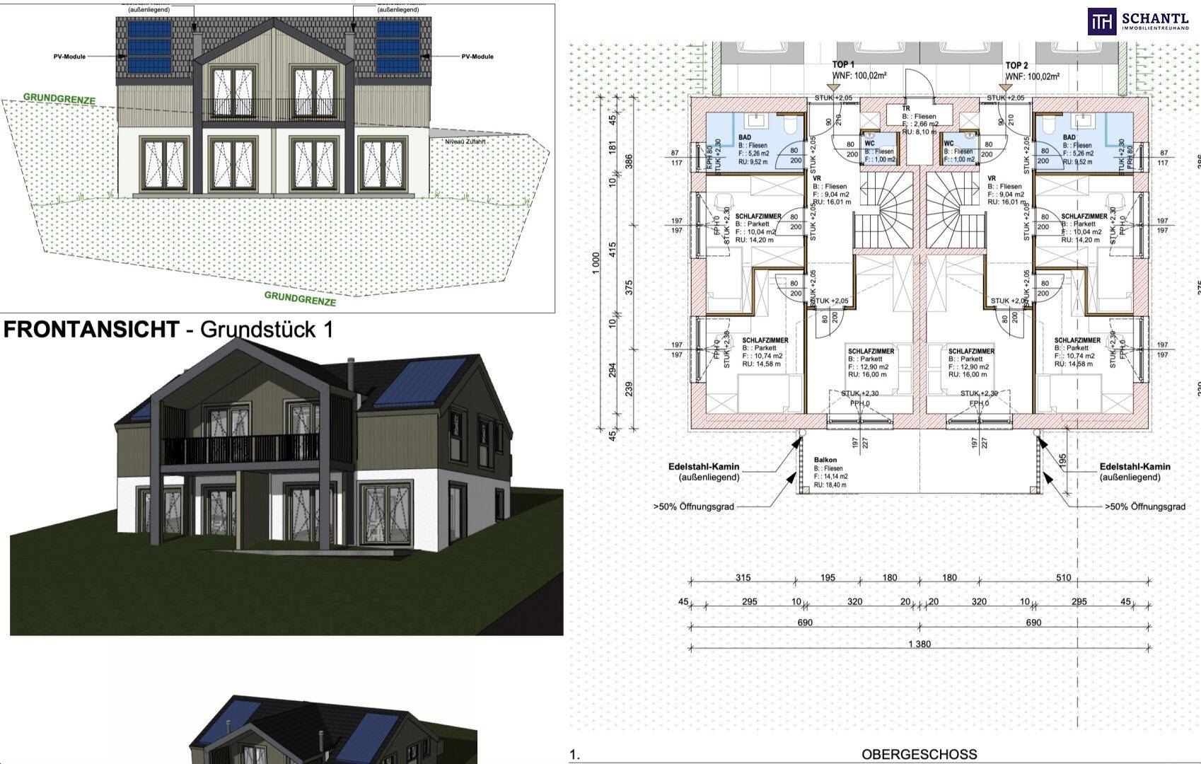 Grundriss des Obergeschosses mit Frontansicht und weiteren 3D-Renderings des Gebäudes.
