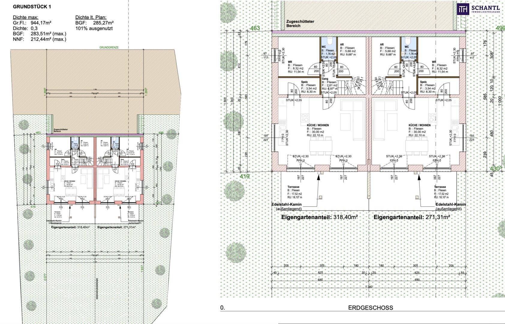 Grundriss des Erdgeschosses mit Grundstücksdetails und Aufteilung in zwei Wohneinheiten.